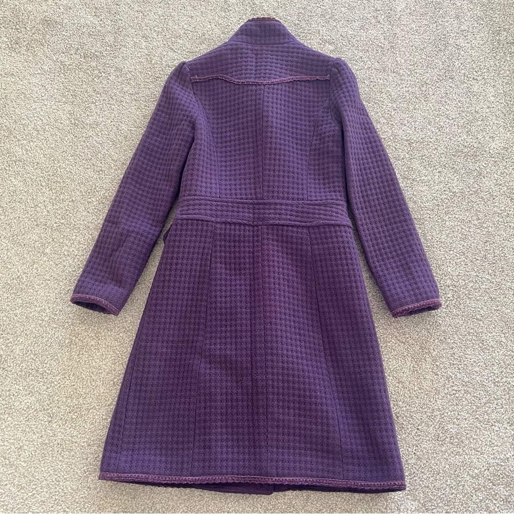 Purple Double Breasted Long Coat w Textured Waffle Knit Pattern Ornate Buttons - Picture 8 of 11